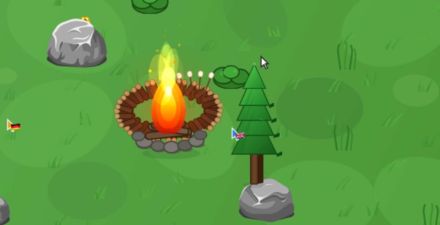 Cursor camp sandbox campfire with stone ring and animated flames