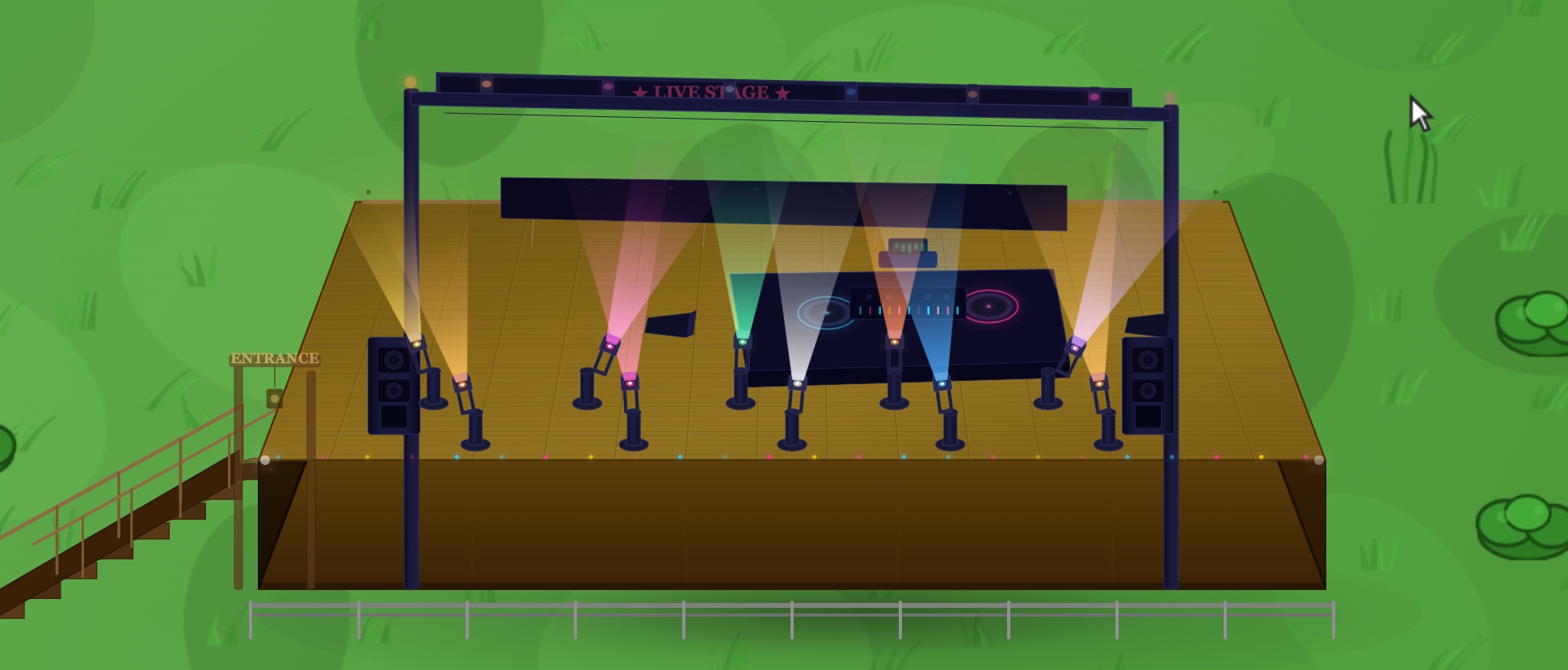 Cursor camp sandbox DJ stage with turntables and speakers