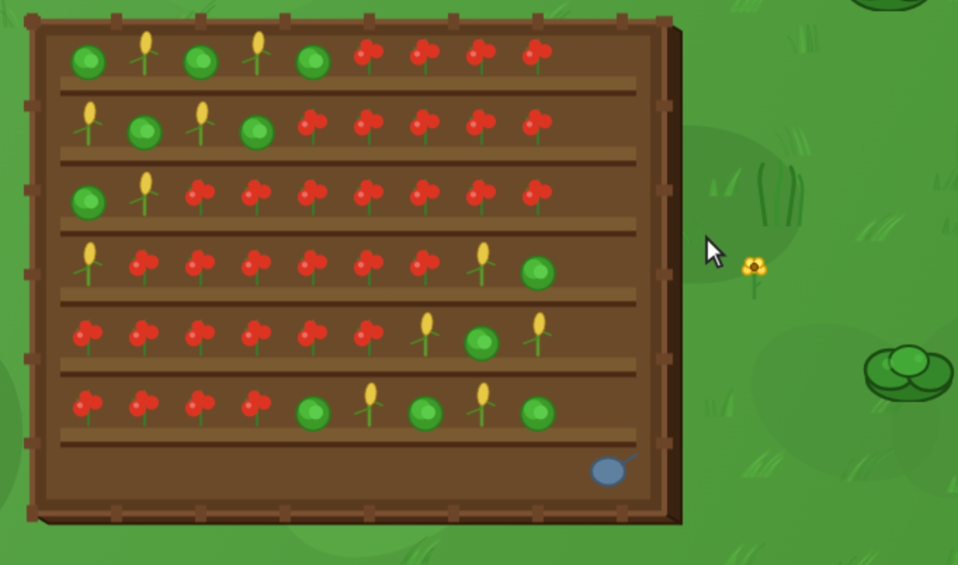 Cursor camp sandbox vegetable garden with planted crops and pathways