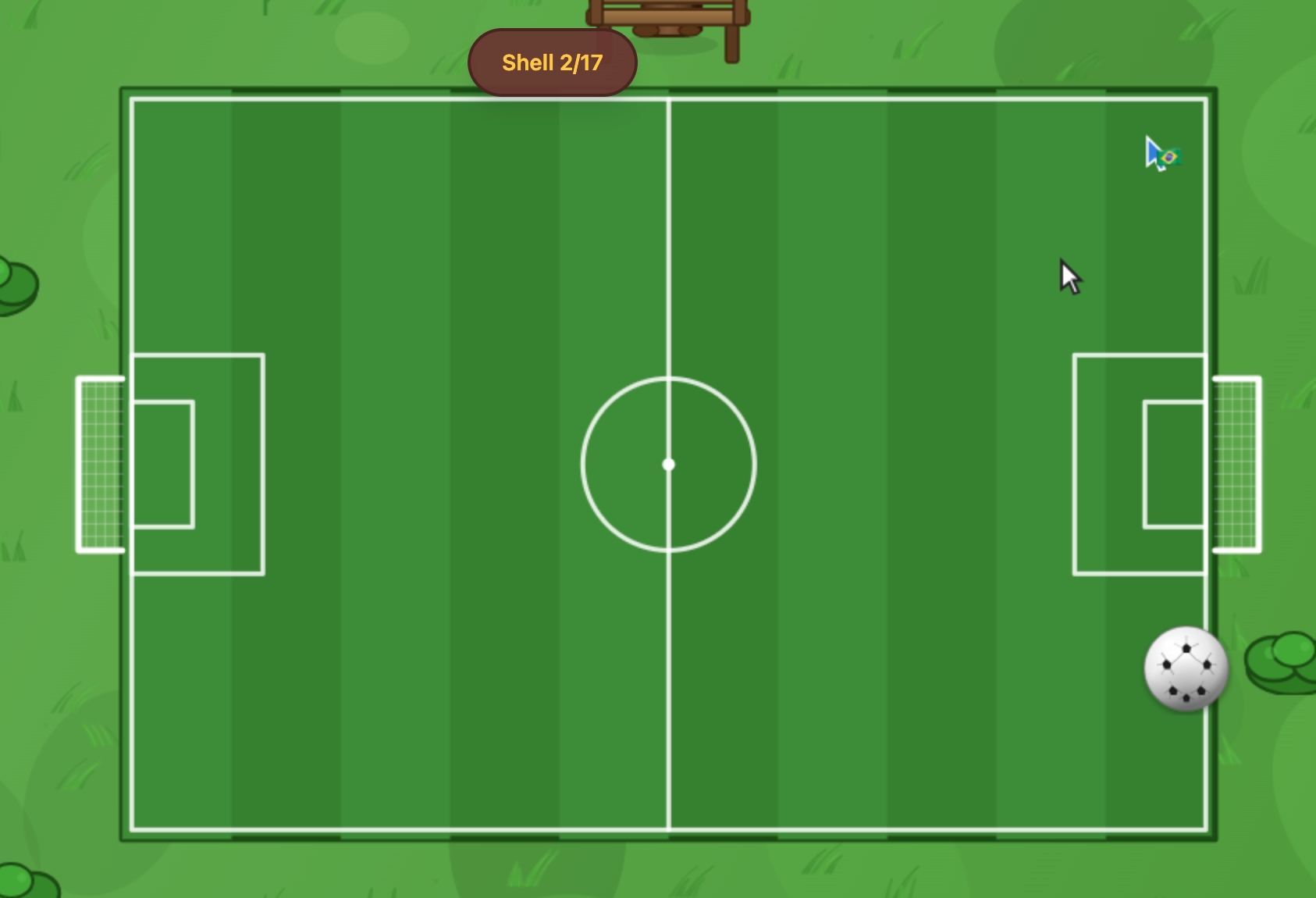Cursor camp sandbox soccer field with goals and green pitch