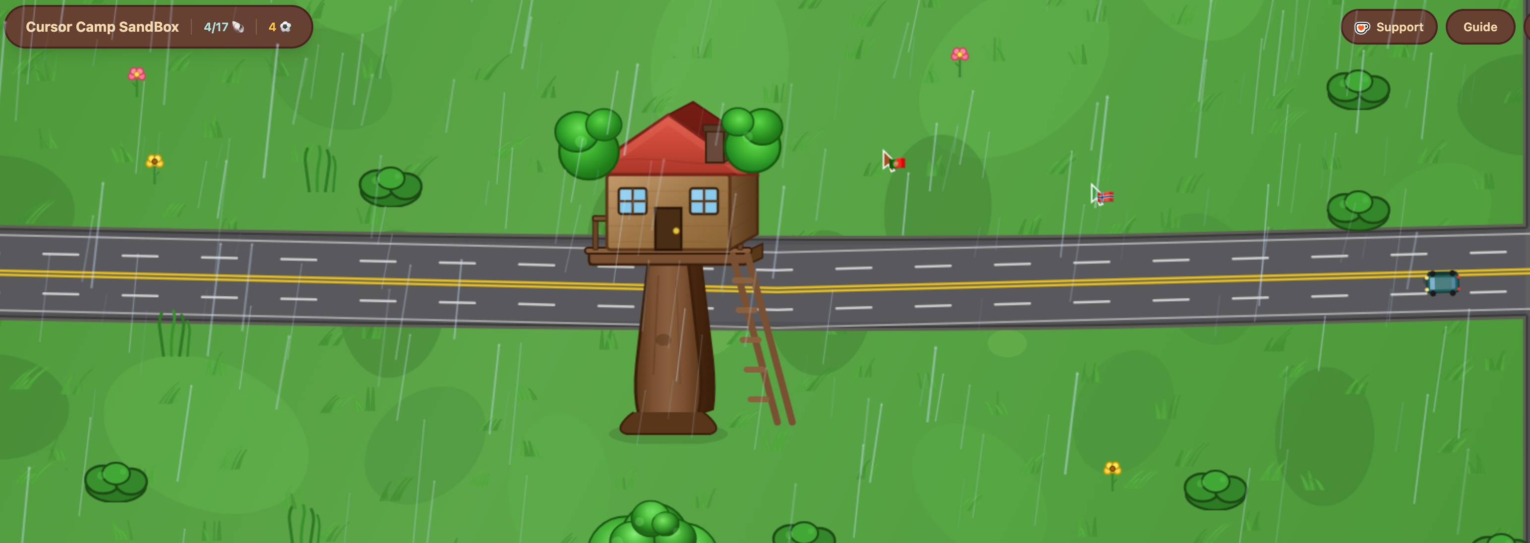 Cursor camp sandbox during rainy weather with rain streaks and splashes